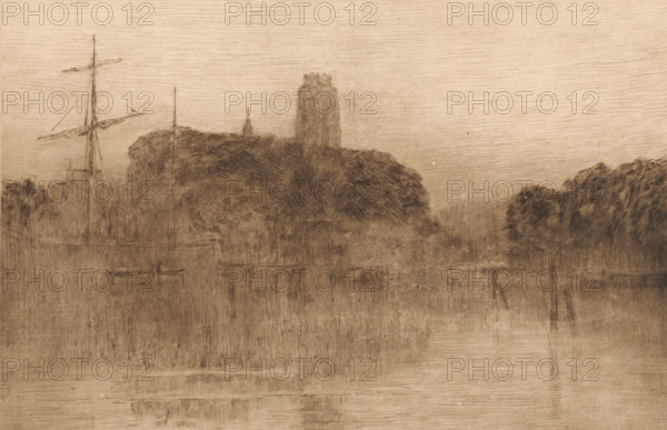 View of the Nieuwe Haven in Dordrecht at evening, print, On the left the mast of a sailing ship. In