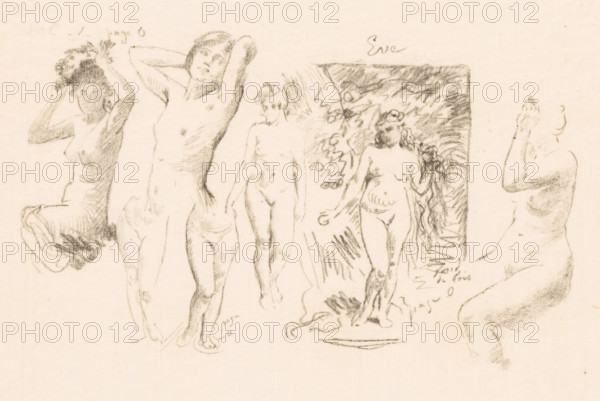 Study sheet with six naked women and Eva, print, book illustration, annotation: 'Vol., page 0, Eve,