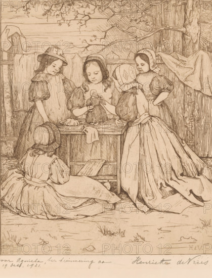 Girls playing outside with a doll, print, dedication: 'for Agnieta, in memory of, Dec 19, 1921.',