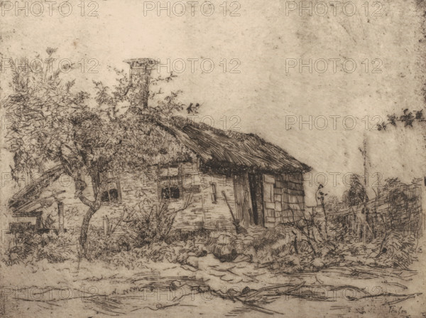 Farmhouse (Giethoorn) (original title), Farm and fruit tree in landscape, print, printmaker: Willem