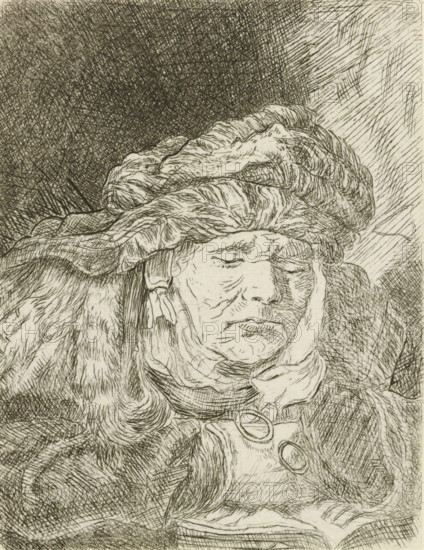 Old woman sleeping, print, album page, Print is part of an album., printmaker, after print by,