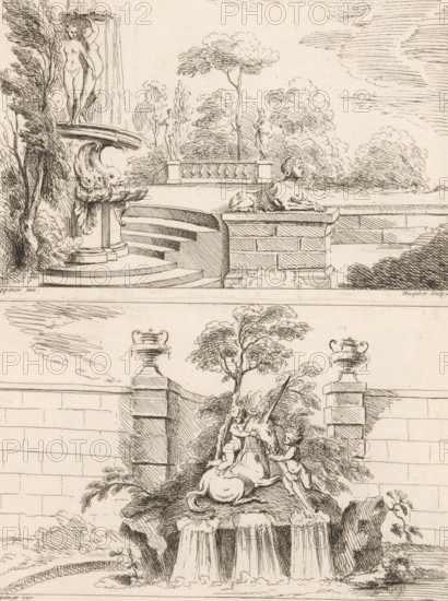 Garden with a fountain with naked women and dolphins by a sphinx, New book of fountains, Nouveau