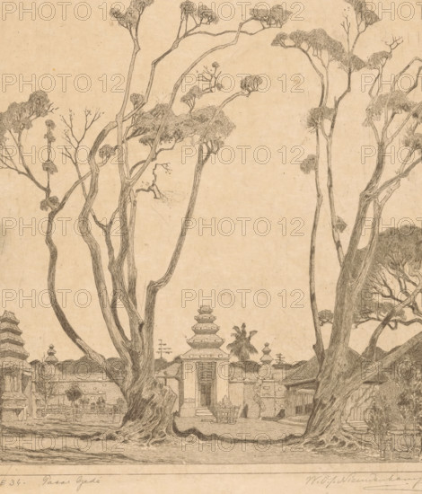 Pasar Gedé (original title), Courtyard with two waringin trees near Yogyakarta on Java, print, In
