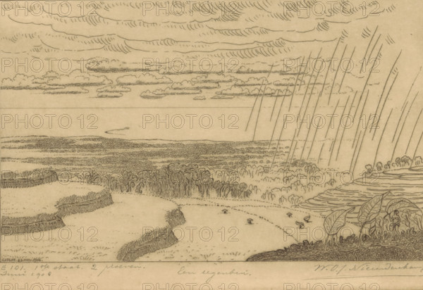 A rain shower (original title), Rain shower over the rice fields near Gitgit on Bali, print, In the