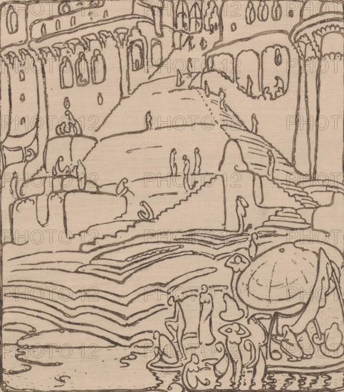 Buildings with stairs to a riverbank with bathing figures, Terraces on the Ganges (original title),