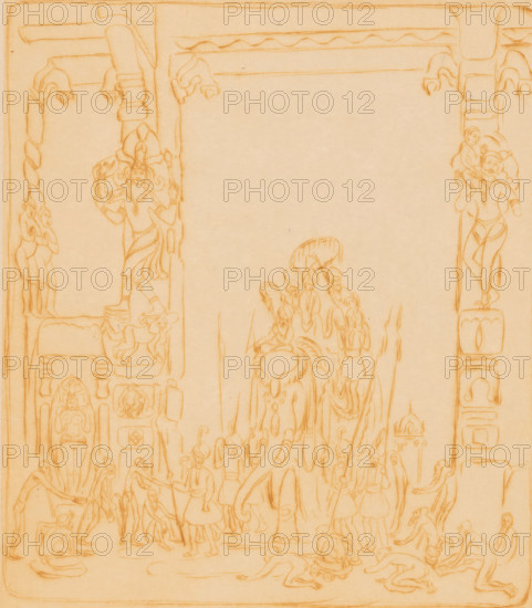 Figures on an elephant under a gate in Madurai, Rich and poor (original title), print, The elephant