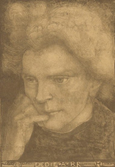 Dedie A RR, Portrait of an unknown woman, print, The woman supports her head with her hand.,
