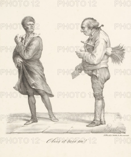 Man in loose-fitting coat looks haughtily at man with feather duster and letter, Obéis et tais