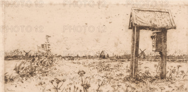 Meadows at the Kaag, with mailbox, Mailbox, Kaag (original title), print, printmaker: Willem