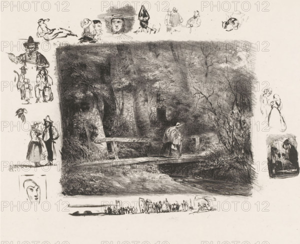 Old traveler on a bridge over a forest stream, Le Ruisseau, Paysages, Landscapes, print,