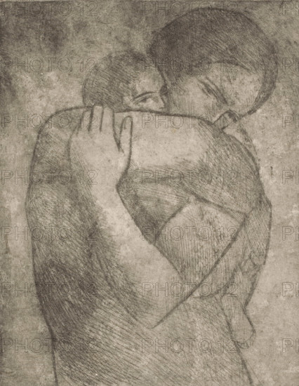 Mother with child in embrace, print, printmaker: George Minne, 1876 - 1941, paper, Japanese paper
