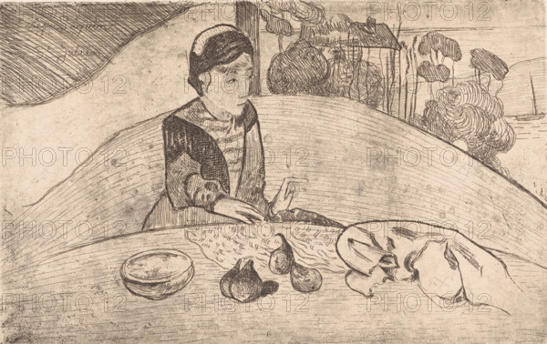 The woman with figures, Breton peasant woman at the table, print, printmaker: Armand Seguin