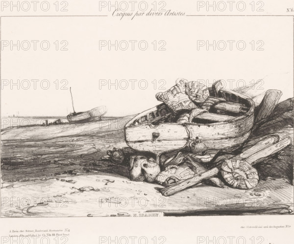 Fishing sloop on the beach, Longue barque sur la grève, Sketches by various artists, Croquis par