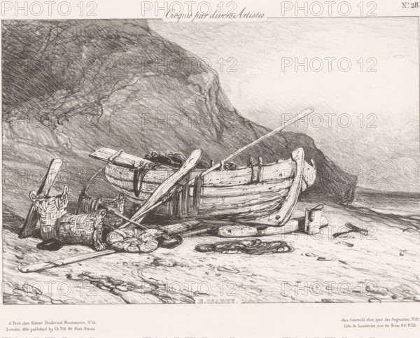 Fishing sloop on the beach at the foot of a cliff, Barque au pied de la falaise, Sketches by