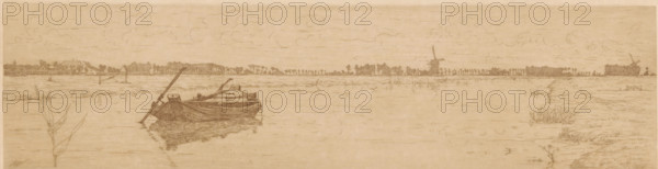 Pasture landscape with a wide canal with a rowing boat, print, printmaker: Maurits van der Valk,