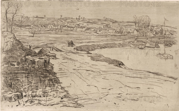 Landscape with houses and water with moored sailboats, print, printmaker: Maurits van der Valk