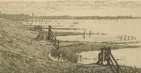 Flooded meadows near a dike, print, printmaker: Maurits van der Valk (signed by artist), 1867 -
