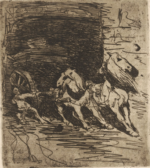Carrier (original title), Horses with cart, print, printmaker: Maurits van der Valk (signed by