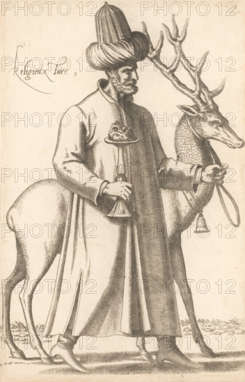 Turkish cleric with deer and goblet, Religieux Turc, print, album page, book illustration, Print is