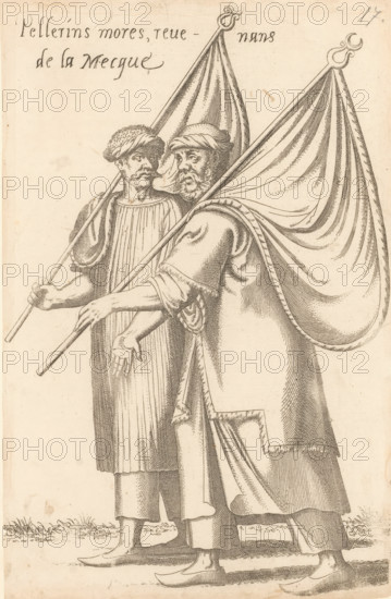 Pellerins mores revenans de la Mecque, North African, Islamic pilgrims with banners, returning from