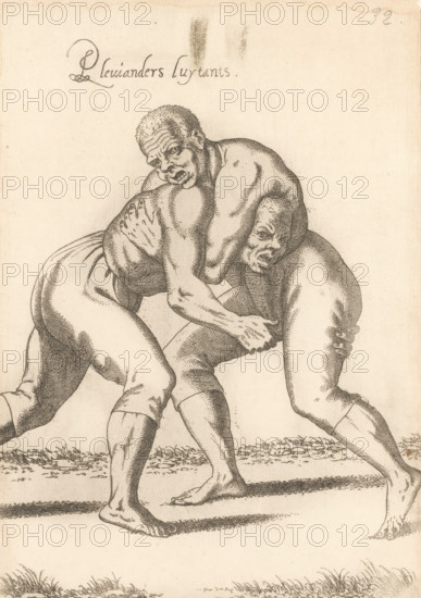 Pleuianders luytants, Two wrestling African 'pleuianders' (fighters or wrestlers), print, album