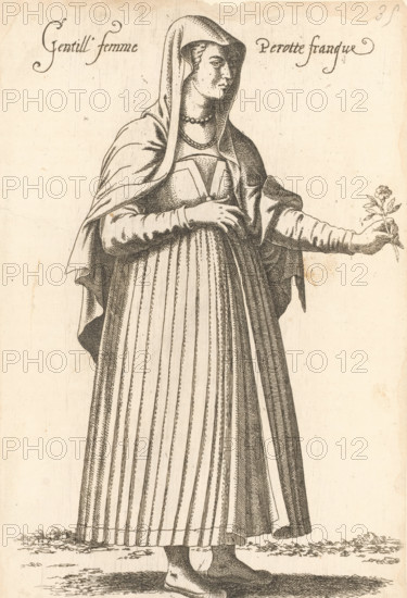 Gentill' Femme Perotte franque, Woman (from Frans Perotte?) with flower in her hand, print, album