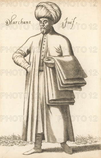 Jewish merchant, Marchant Juif, print, album page, book illustration, Print is part of an album.,