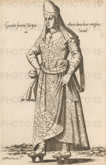 Gentille femme Turque estant dans leur maison ou sarail, Turkish woman, print, album page, book