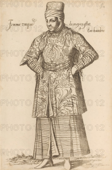 Turkish chambermaid, Femme turque de moyen estat En chambre, print, album page, book illustration,