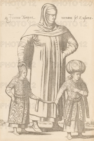 Femme Turque menant ses Enfans, Turkish woman with her two children, print, album page, book