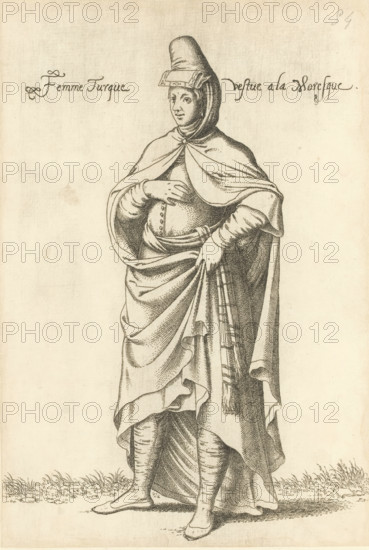 Turkish woman in North African Islamic clothing, Femme Turque vestue a la Moresque, print, album