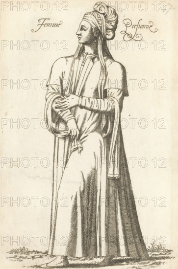 Persian woman, Femme Persienne, print, album page, book illustration, Print is part of an album.,