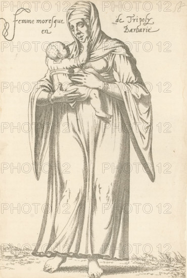 Woman with child, from Tripoli, Femme moresque de Tripoly en Barbarie, print, album page, book