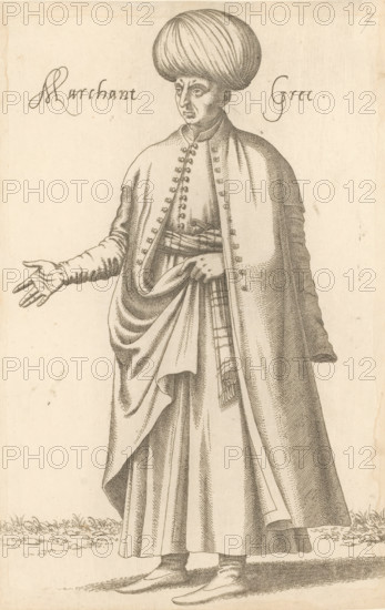 Greek merchant, Marchant Grec, print, album page, book illustration, Print is part of an album.,
