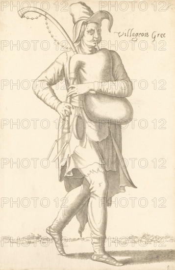 Villageois Grec, Greek villager with bagpipes, print, album cover, book illustration, Print is part