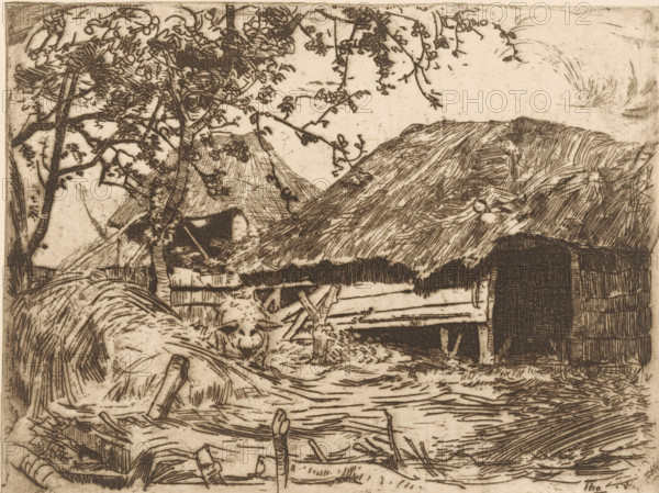Pigsty (original title), Reed-covered barns, in front of them a pig in the hay, print, printmaker: