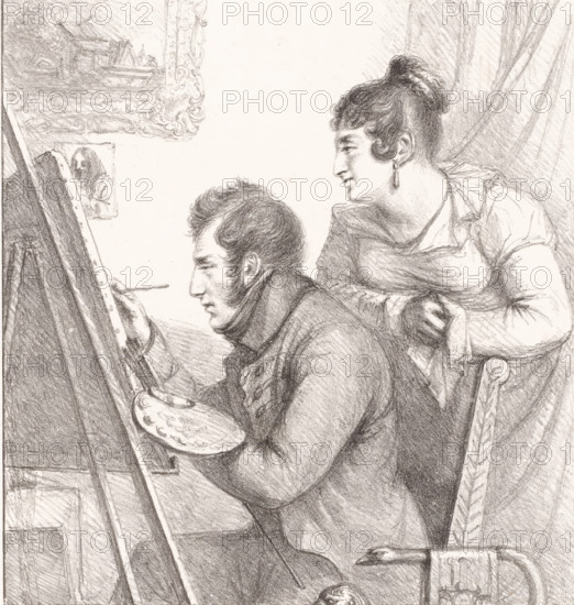 Self-portrait of the artist in action with a watching woman, print, printmaker: Dominique Vivant