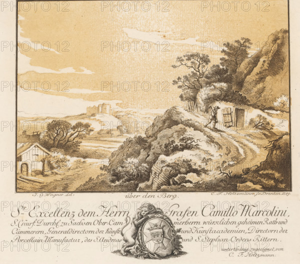 Landscape with traveler on a path, above the mountain, print, album page, Text in German in the