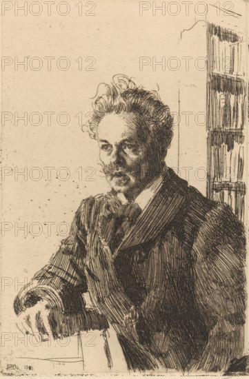 Portrait of August Strindberg, print, Swedish playwright, half-figure, sitting at a desk, facing