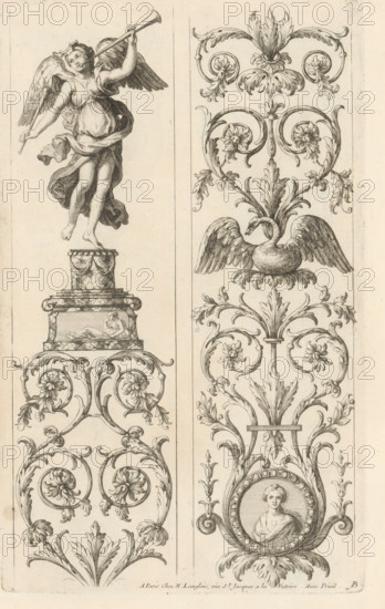 Two panels with candelabra with leaf tendrils, Ornaments in the Queen's Apartments in the Louvre,