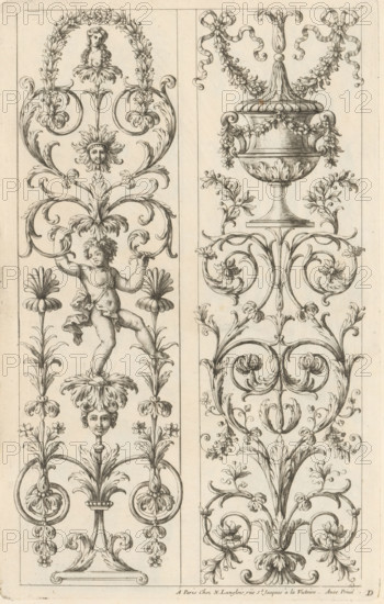Two panels with candelabra, Ornaments in the Queen's Apartments in the Louvre, Ornemens des