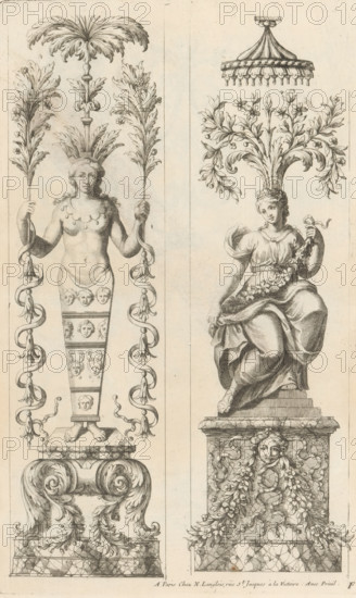 Two panels with caryatids, Ornaments in the Queen's Apartments in the Louvre, Ornemens des