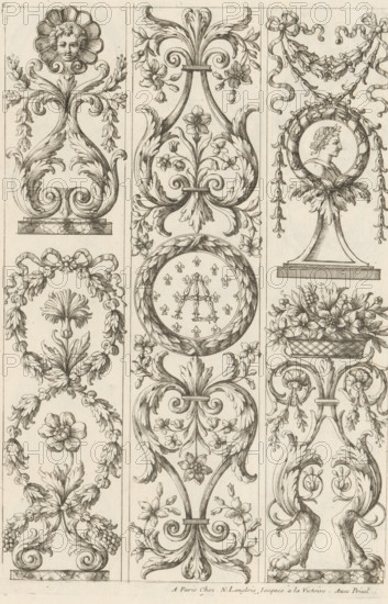 Candelabrum motifs with acanthus tendrils, Ornamental panels with acanthus motifs, print, album