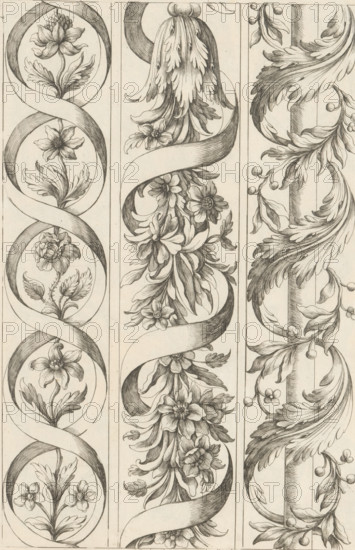 Three floral ornaments, Ornament panels with acanthus motifs, print, album page, ornamental print,