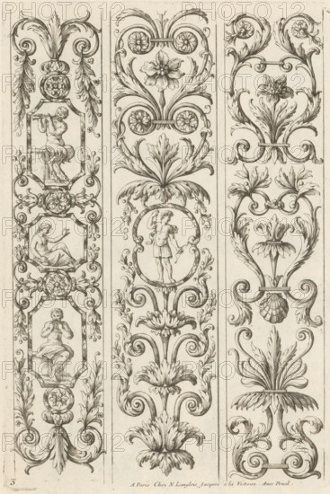 Ornaments with acanthus tendrils and satyrs, Ornamental panels with acanthus motifs, print, album