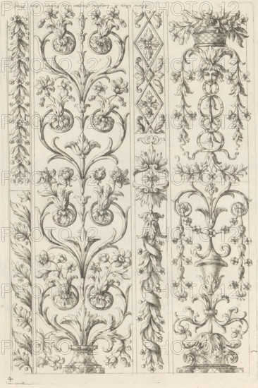 Candelabrum motifs with floral tendrils, Ornamental panels with acanthus motifs, print, album page,