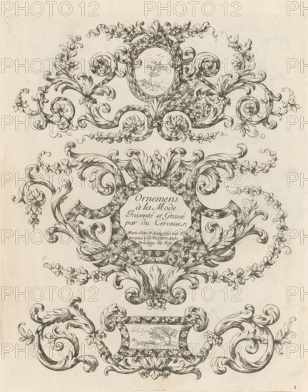 Three cartouches with acanthus tendrils and marble inlay, Fashionable ornaments with leaf motifs,