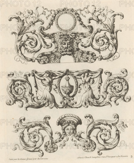 Three ornaments with acanthus tendrils and masks, Ornemens à la Mode, Fashionable ornaments with