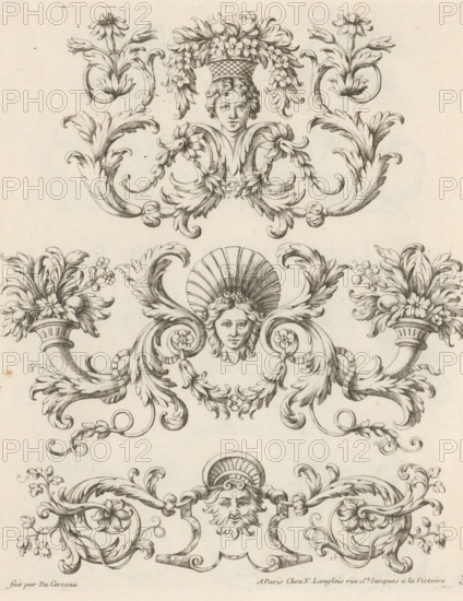 Three ornaments with masks, Ornemens à la Mode, Fashionable ornaments with leaf motifs, print,