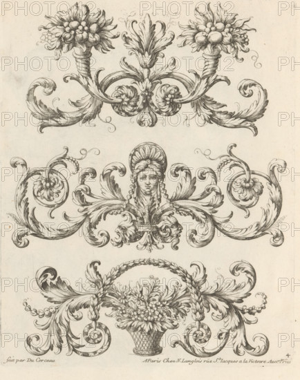 Three ornaments with flowers and a mask, Fashionable ornaments with leaf motifs, Ornemens à la
